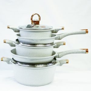 3 PIECE SET GRAPHITE COLORED WITH GOLD HANDLE DESIGNED COOKWARE WITH 2 PIECE FRYPAN