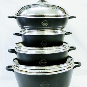 4 PIECE SET OF DESSINNI BLACK COLORED COOKWARE WITH SILVER LID